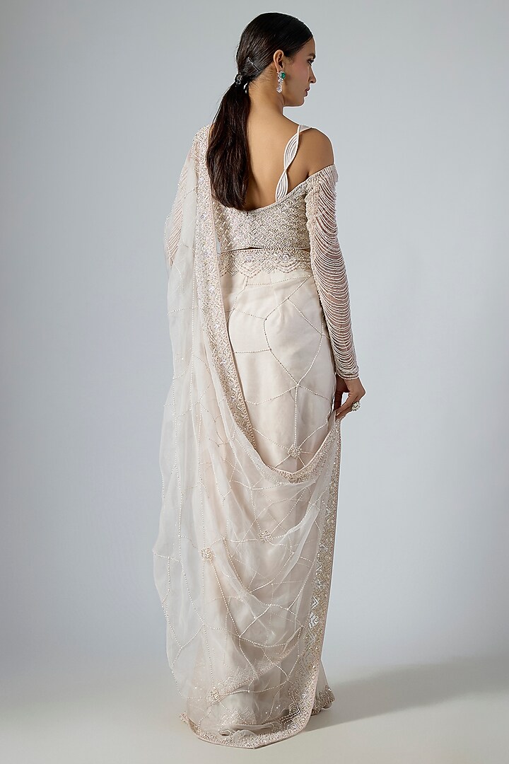 Grey Satin & Organza Embellished Pre-Draped Reception Saree Set by Disha Patil at Pernia's Pop Up Shop