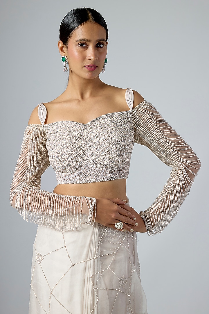 Grey Satin & Organza Embellished Pre-Draped Reception Saree Set by Disha Patil at Pernia's Pop Up Shop