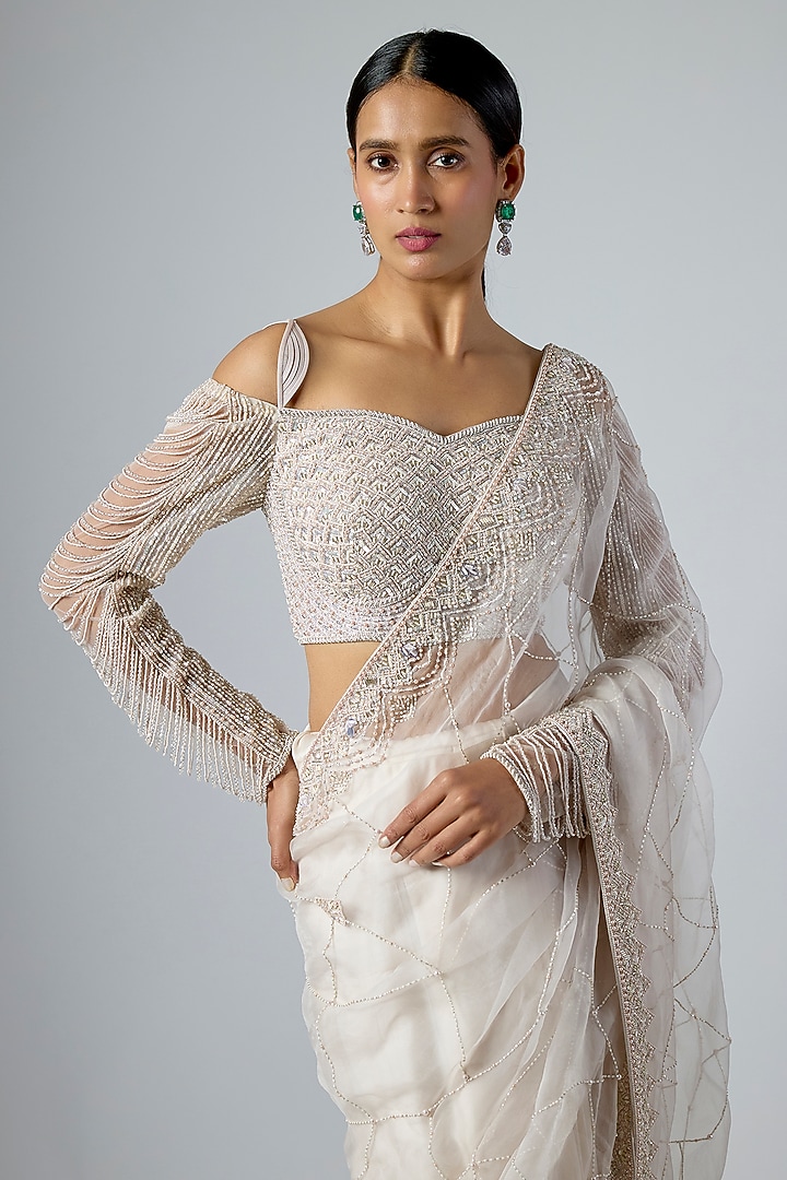 Grey Satin & Organza Embellished Pre-Draped Reception Saree Set by Disha Patil at Pernia's Pop Up Shop