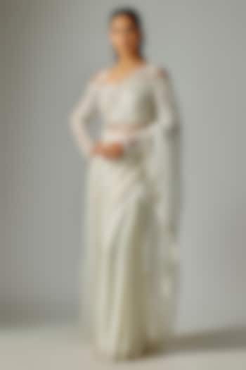 Ivory Satin Silk & Organza Embroidered Reception Saree Set by Disha Patil at Pernia's Pop Up Shop