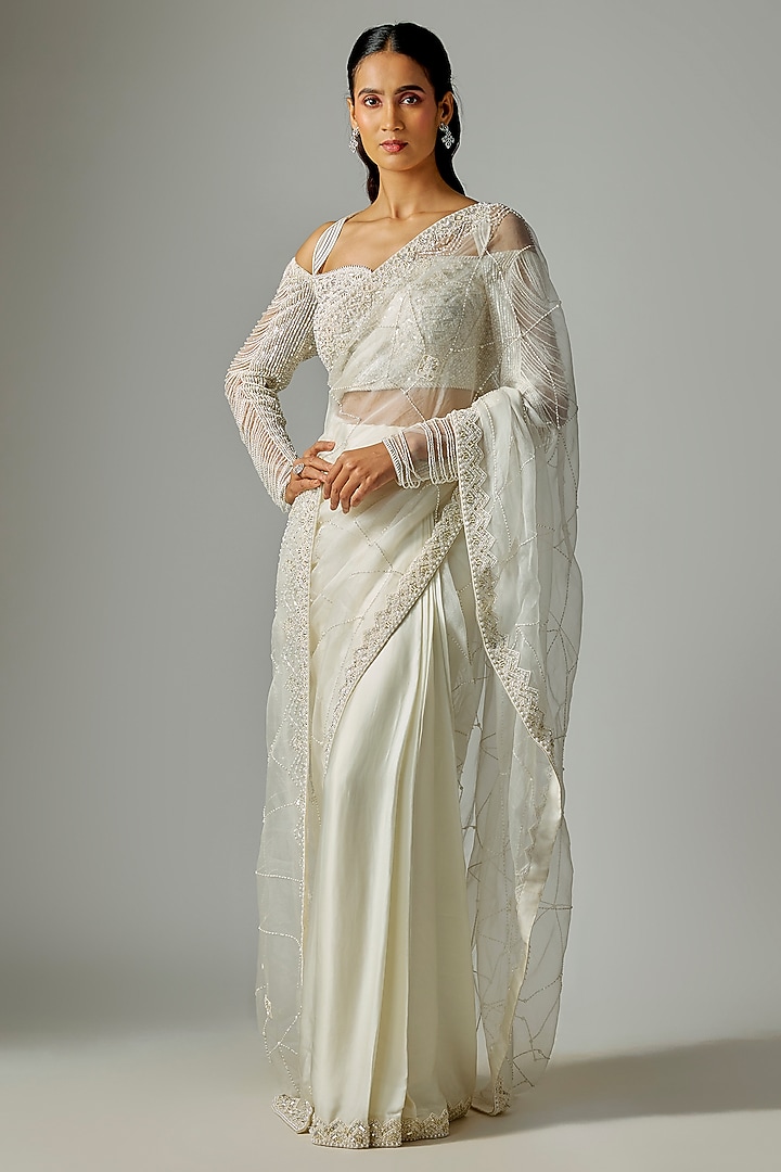 Ivory Satin Silk & Organza Embroidered Reception Saree Set by Disha Patil at Pernia's Pop Up Shop