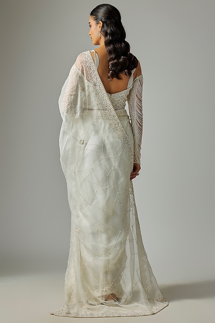Ivory Satin Silk & Organza Embroidered Reception Saree Set by Disha Patil at Pernia's Pop Up Shop