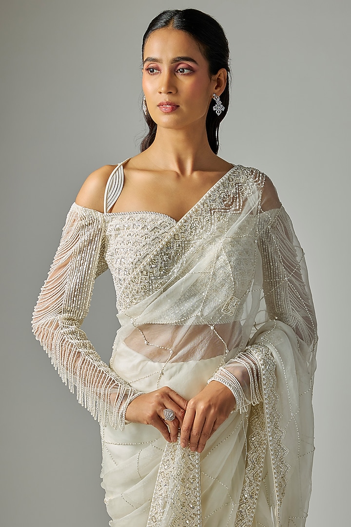 Ivory Satin Silk & Organza Embroidered Reception Saree Set by Disha Patil at Pernia's Pop Up Shop