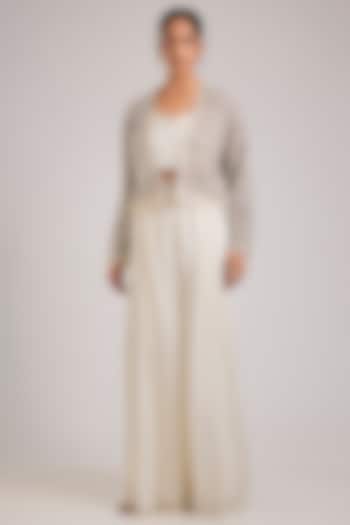 White Net Hand Embellished Jacket Set by Disha Patil at Pernia's Pop Up Shop