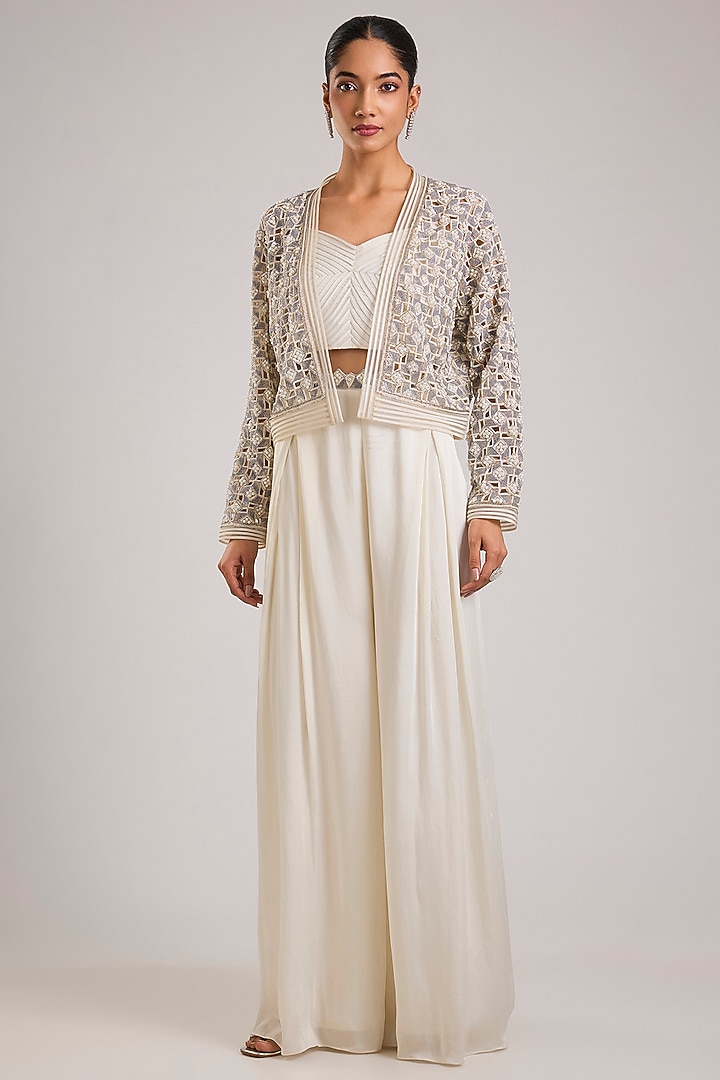 White Net Hand Embellished Jacket Set by Disha Patil at Pernia's Pop Up Shop