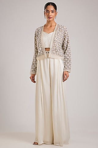 White Net Hand Embellished Jacket Set by Disha Patil