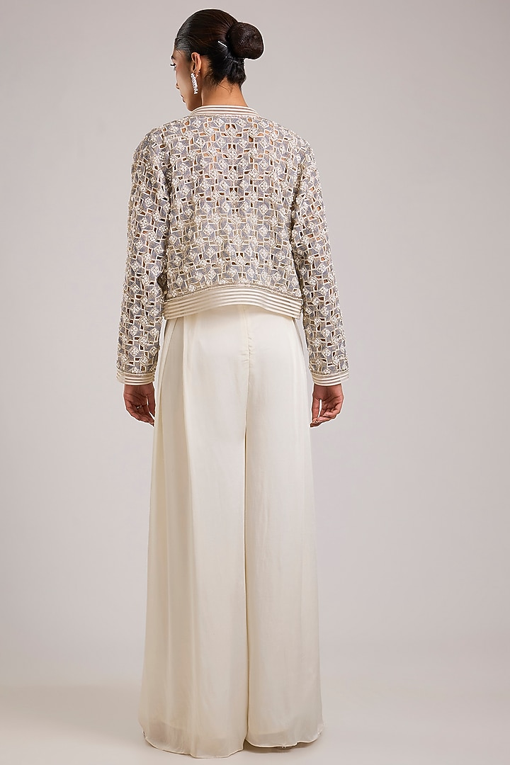 White Net Hand Embellished Jacket Set by Disha Patil at Pernia's Pop Up Shop