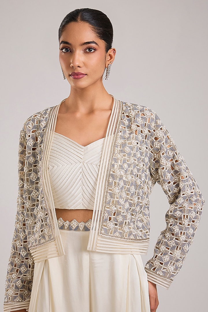 White Net Hand Embellished Jacket Set by Disha Patil at Pernia's Pop Up Shop