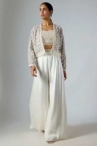 Ivory & Grey Satin Organza Embellished Jacket Set by Disha Patil