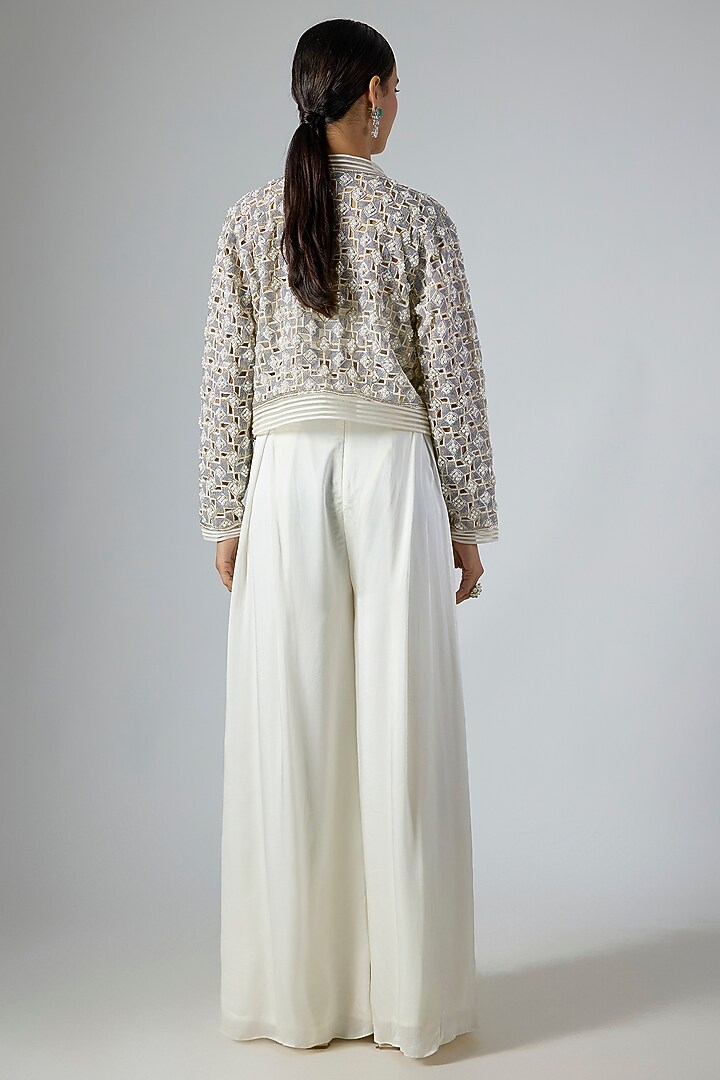 Ivory & Grey Satin Organza Embellished Jacket Set by Disha Patil at Pernia's Pop Up Shop
