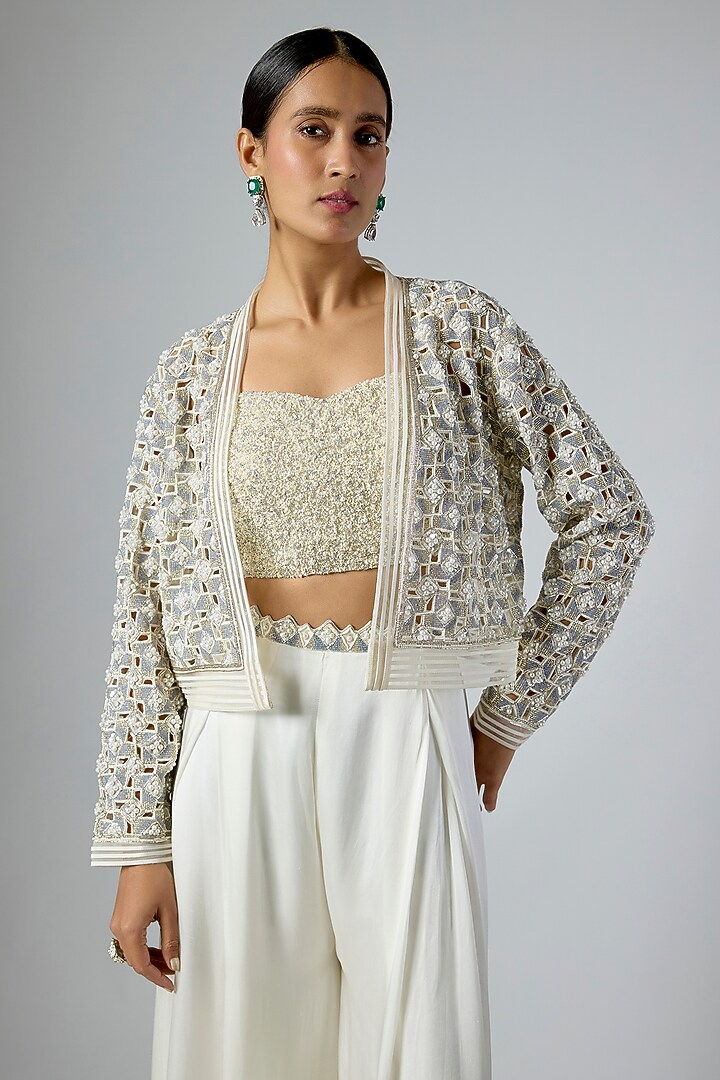 Ivory & Grey Satin Organza Embellished Jacket Set by Disha Patil at Pernia's Pop Up Shop