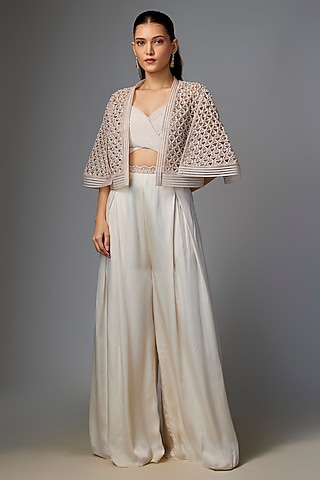 Grey Satin & Organza Pant Set by Disha Patil