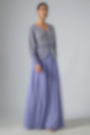 Blue Net Embellished Jacket Set by Disha Patil at Pernia's Pop Up Shop