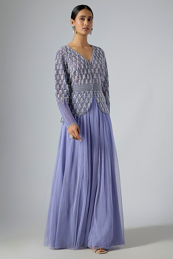 Blue Net Embellished Jacket Set by Disha Patil at Pernia's Pop Up Shop