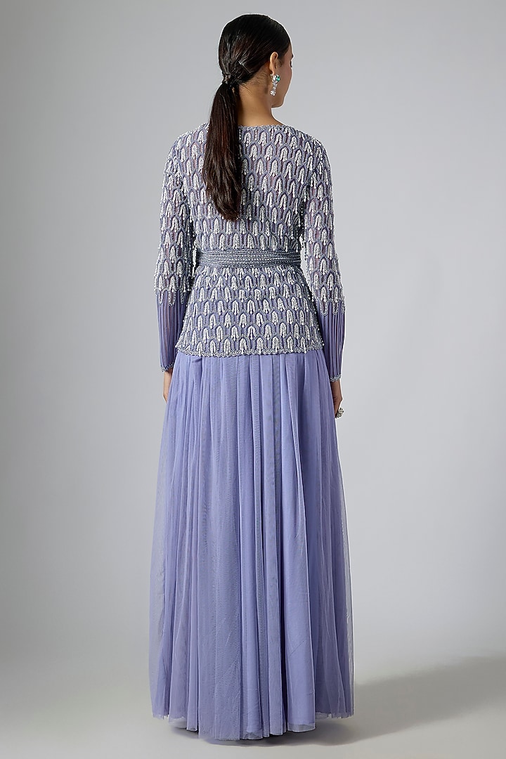 Blue Net Embellished Jacket Set by Disha Patil at Pernia's Pop Up Shop