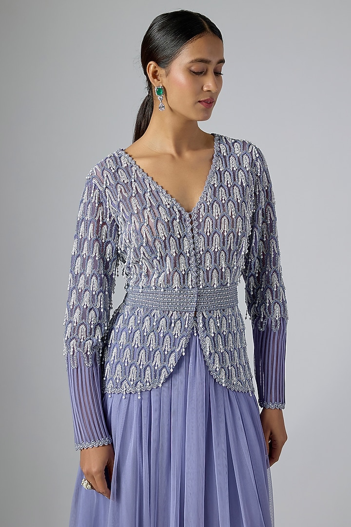 Blue Net Embellished Jacket Set by Disha Patil at Pernia's Pop Up Shop