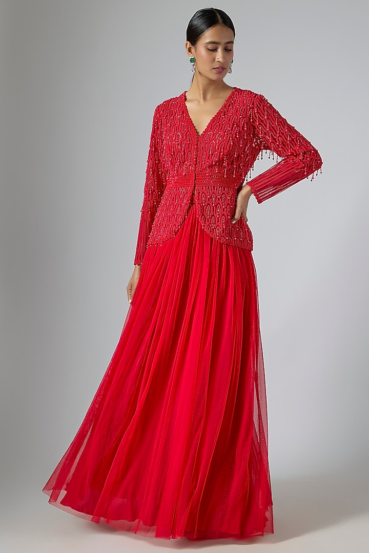 Red Net Embellished Jacket Set by Disha Patil at Pernia's Pop Up Shop