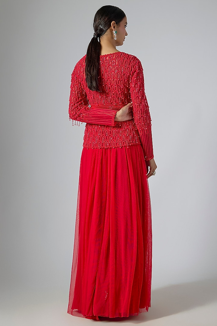 Red Net Embellished Jacket Set by Disha Patil at Pernia's Pop Up Shop