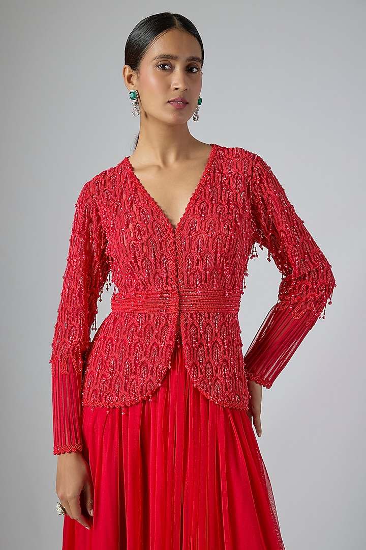 Red Net Embellished Jacket Set by Disha Patil at Pernia's Pop Up Shop