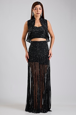Black Net & Organza Skirt Set by Disha Patil