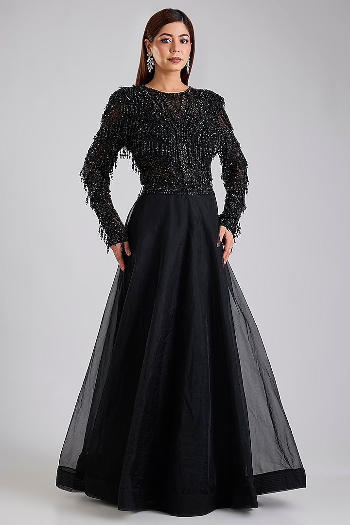 Black Soft Net & Organza Skirt Set by Disha Patil at Pernia's Pop Up Shop
