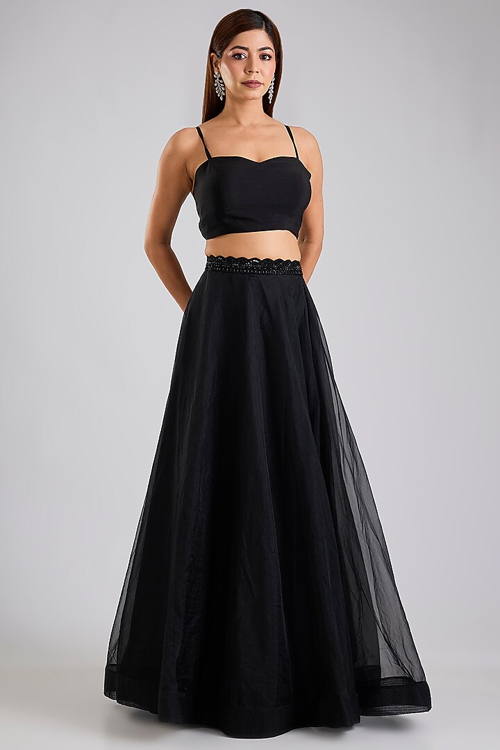 Black Soft Net & Organza Skirt Set by Disha Patil at Pernia's Pop Up Shop