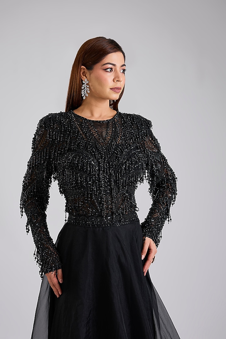 Black Soft Net & Organza Skirt Set by Disha Patil at Pernia's Pop Up Shop