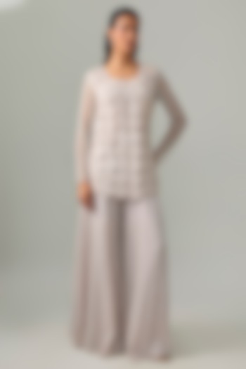 Silver Grey Satin Organza & Net Jacket Set by Disha Patil at Pernia's Pop Up Shop