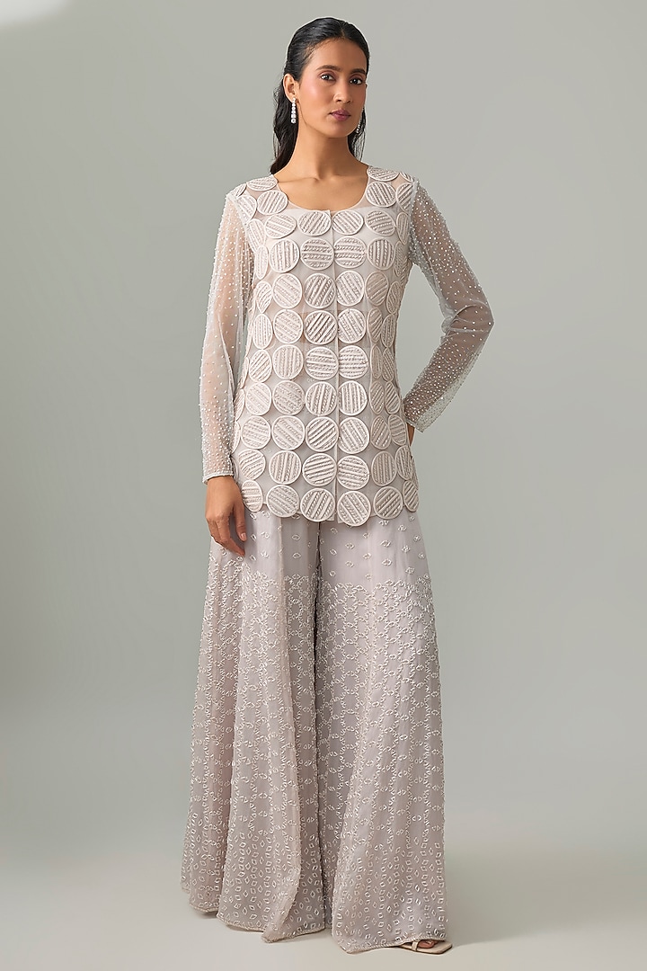 Silver Grey Satin Organza & Net Jacket Set by Disha Patil at Pernia's Pop Up Shop