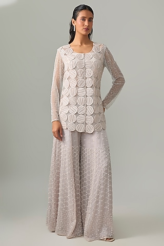 Silver Grey Satin Organza & Net Jacket Set by Disha Patil