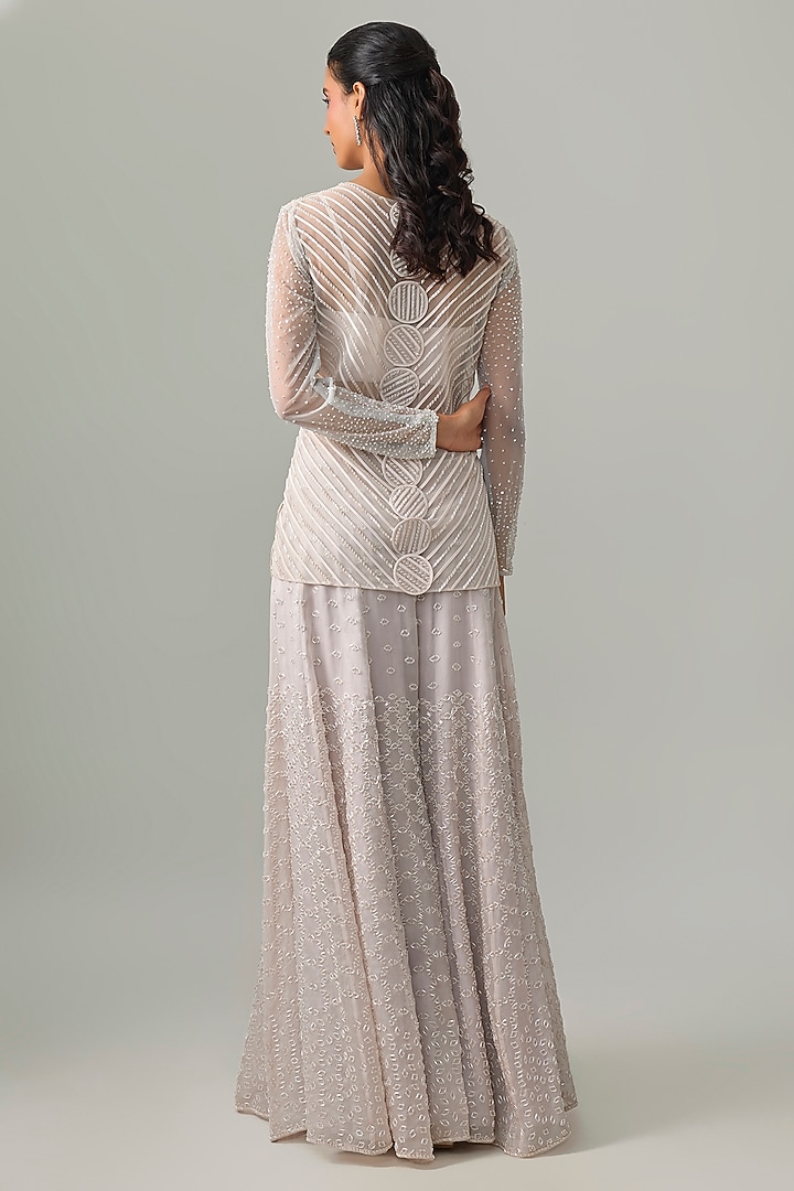 Silver Grey Satin Organza & Net Jacket Set by Disha Patil at Pernia's Pop Up Shop