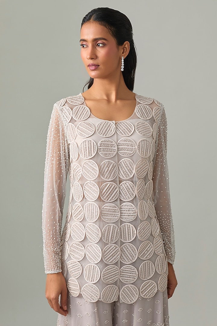 Silver Grey Satin Organza & Net Jacket Set by Disha Patil at Pernia's Pop Up Shop