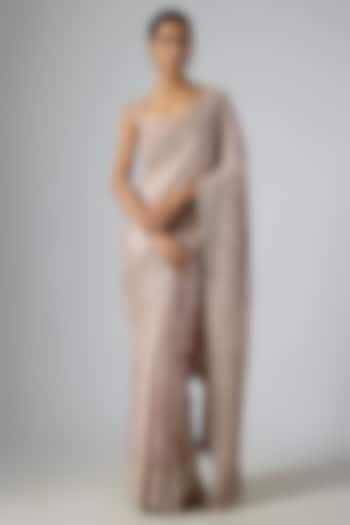 Rose Gold Tissue Embellished Pre-Draped Reception Saree Set by Disha Patil at Pernia's Pop Up Shop