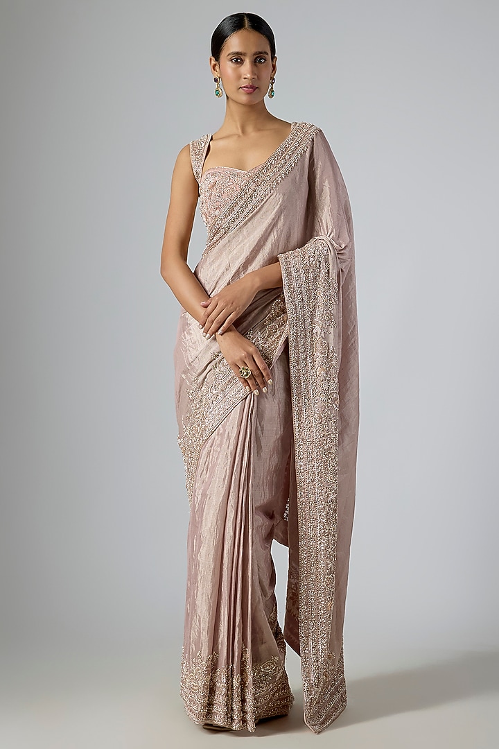 Rose Gold Tissue Embellished Pre-Draped Reception Saree Set by Disha Patil at Pernia's Pop Up Shop