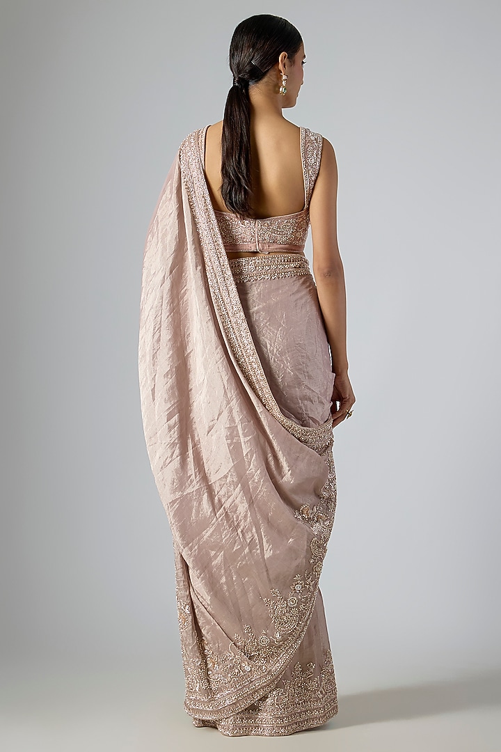Rose Gold Tissue Embellished Pre-Draped Reception Saree Set by Disha Patil at Pernia's Pop Up Shop