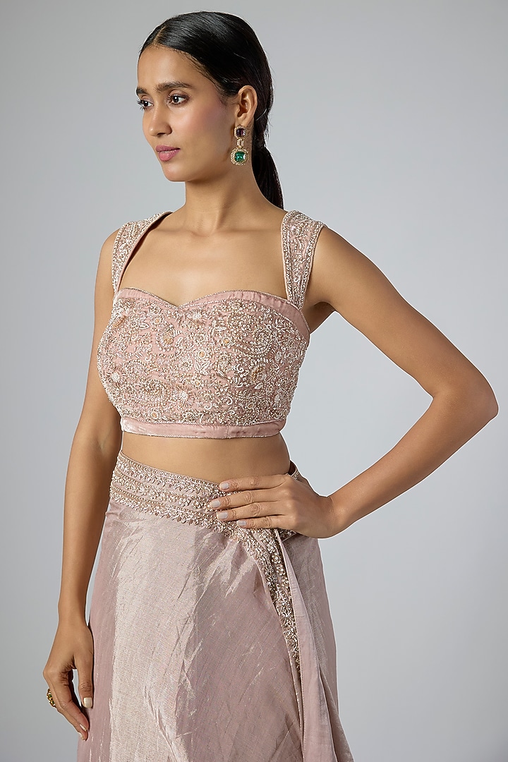 Rose Gold Tissue Embellished Pre-Draped Reception Saree Set by Disha Patil at Pernia's Pop Up Shop