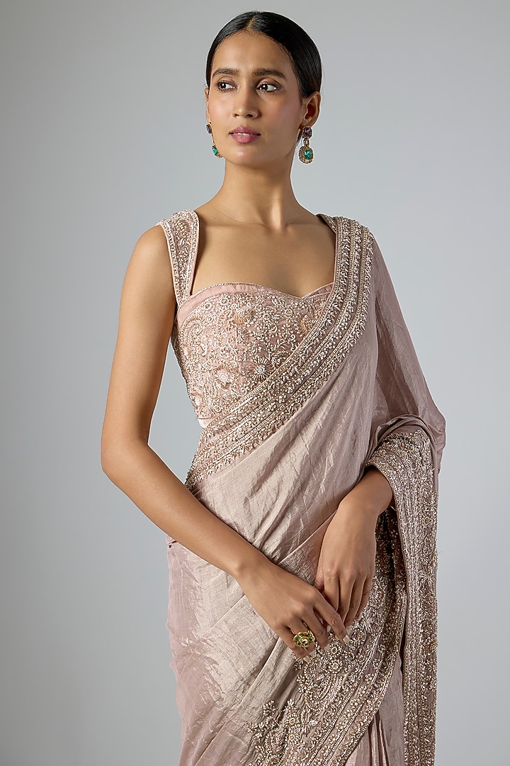 Rose Gold Tissue Embellished Pre-Draped Reception Saree Set by Disha Patil at Pernia's Pop Up Shop