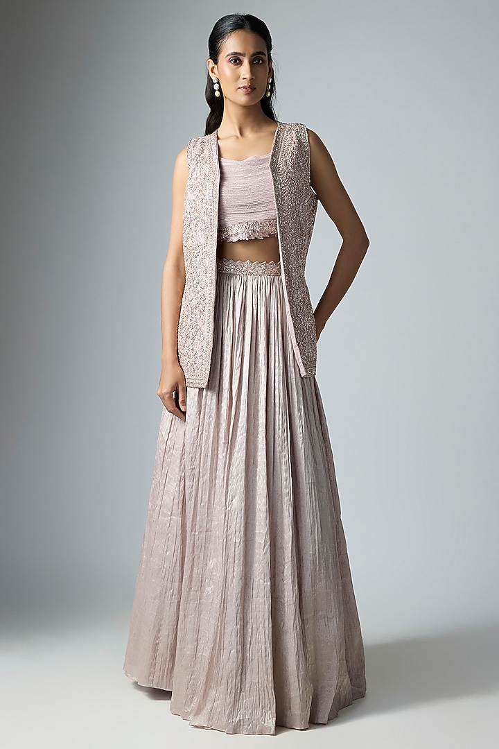 Rose Gold Crushed Tissue Skirt Set by Disha Patil at Pernia's Pop Up Shop