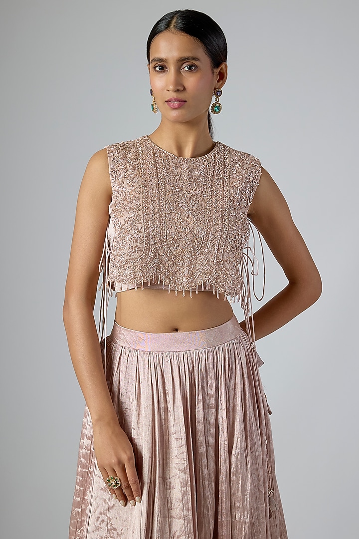 Rose Gold Crushed Tissue Skirt Set by Disha Patil at Pernia's Pop Up Shop