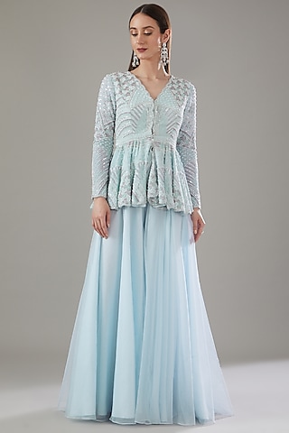 Blue Organza Pant Set by Disha Patil