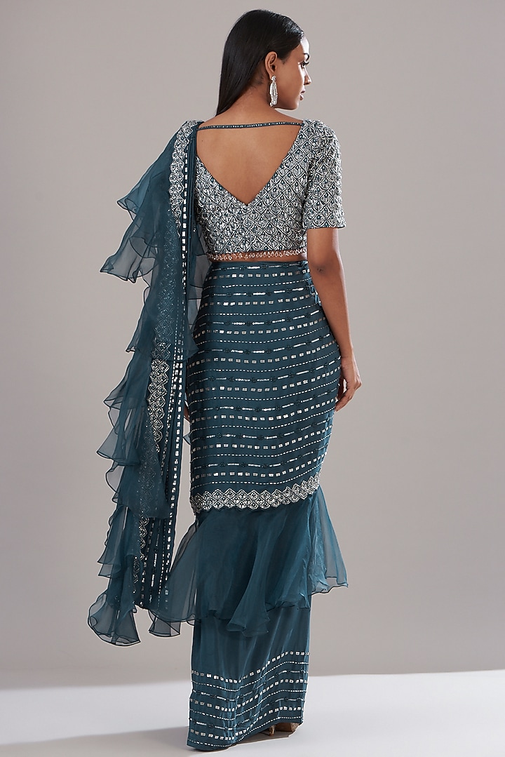 Teal Crepe Embellished Draped Wedding Saree Set by Disha Patil at Pernia's Pop Up Shop