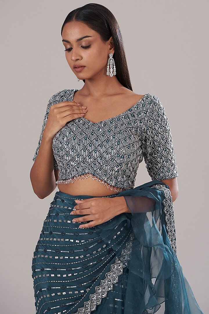 Teal Crepe Embellished Draped Wedding Saree Set by Disha Patil at Pernia's Pop Up Shop