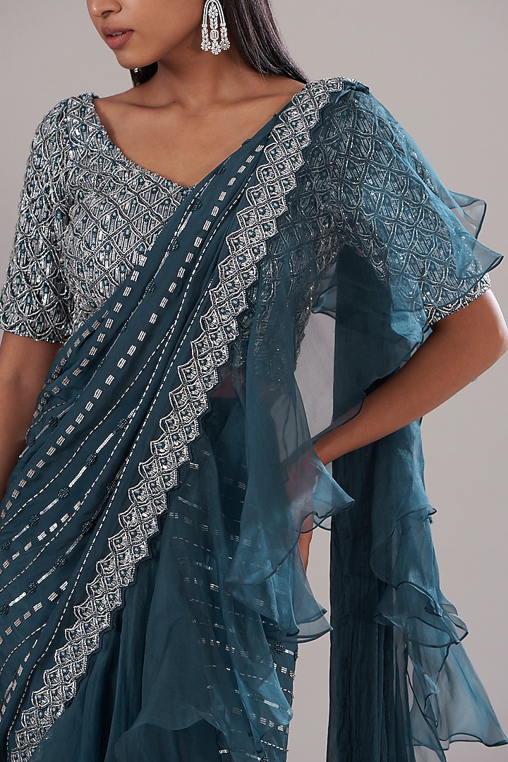 Teal Crepe Embellished Draped Wedding Saree Set by Disha Patil at Pernia's Pop Up Shop