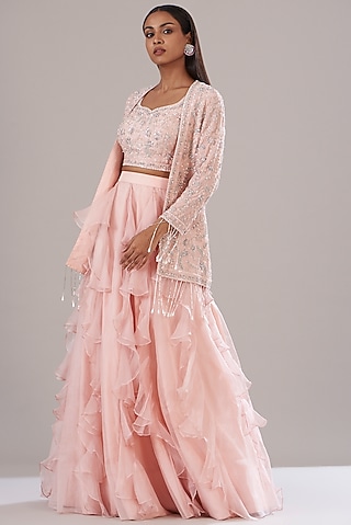 Pink Raw Silk Hand Embroidered Jacket Set by Disha Patil
