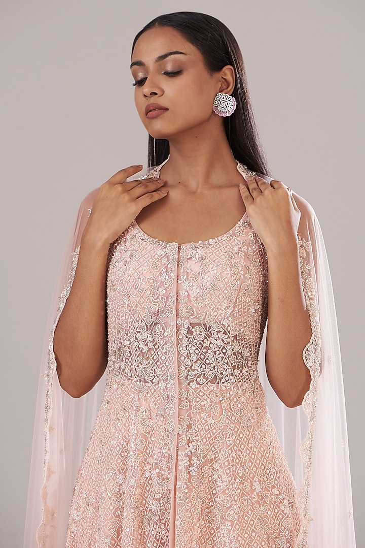 Pink Net Embellished Kurta Set by Disha Patil at Pernia's Pop Up Shop