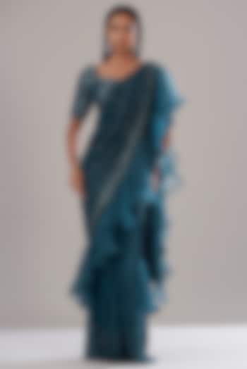 Teal Crepe Embellished Draped Wedding Saree Set by Disha Patil at Pernia's Pop Up Shop
