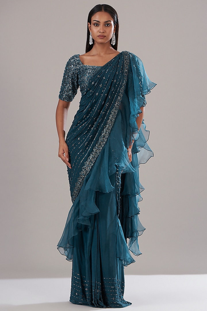 Teal Crepe Embellished Draped Wedding Saree Set by Disha Patil at Pernia's Pop Up Shop