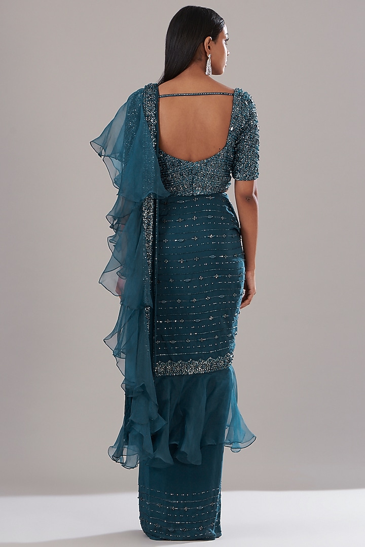 Teal Crepe Embellished Draped Wedding Saree Set by Disha Patil at Pernia's Pop Up Shop