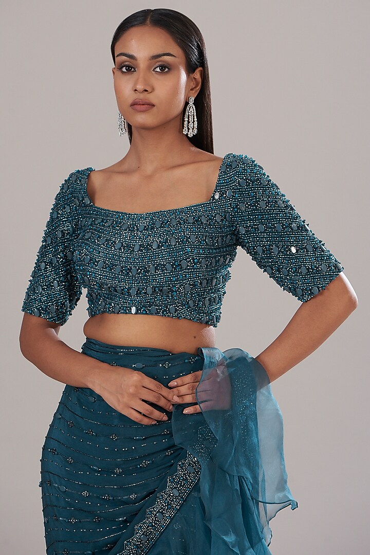Teal Crepe Embellished Draped Wedding Saree Set by Disha Patil at Pernia's Pop Up Shop