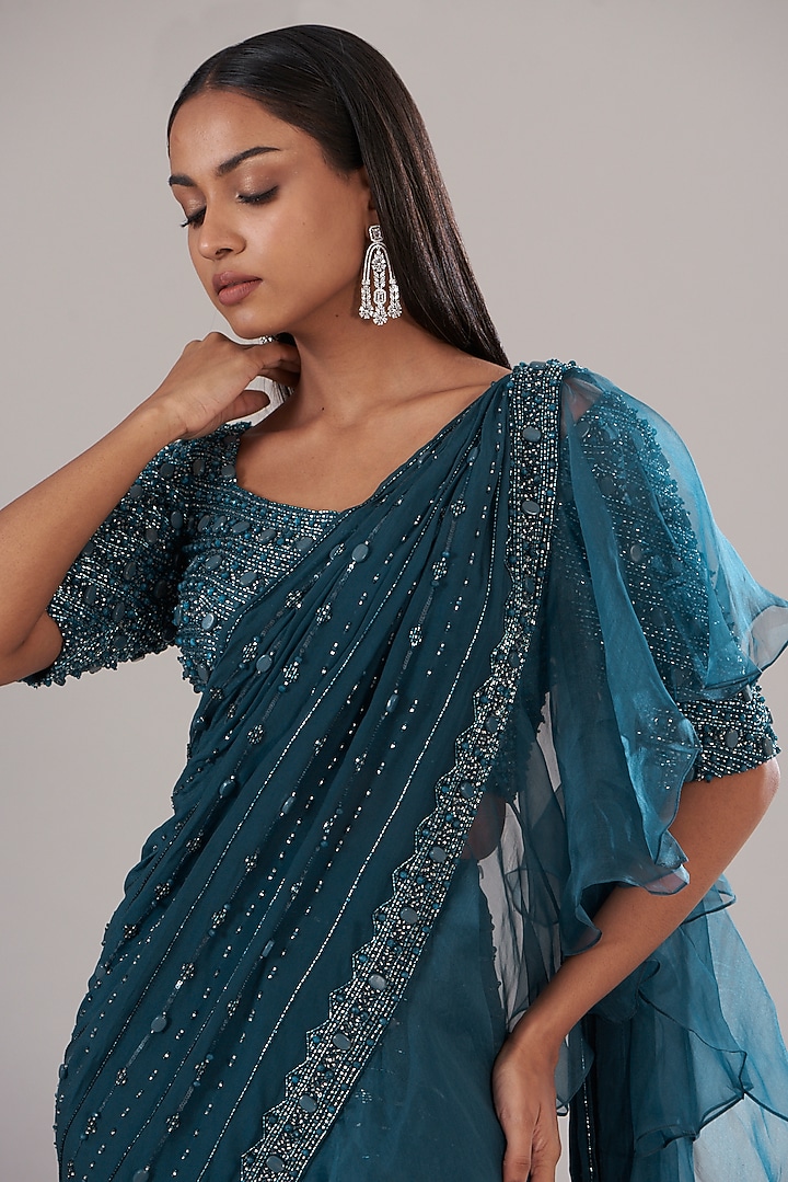 Teal Crepe Embellished Draped Wedding Saree Set by Disha Patil at Pernia's Pop Up Shop